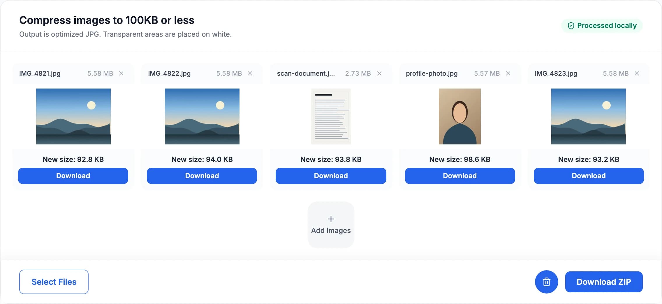 Demonstration of compressing phone photos and scans to 50KB in-browser