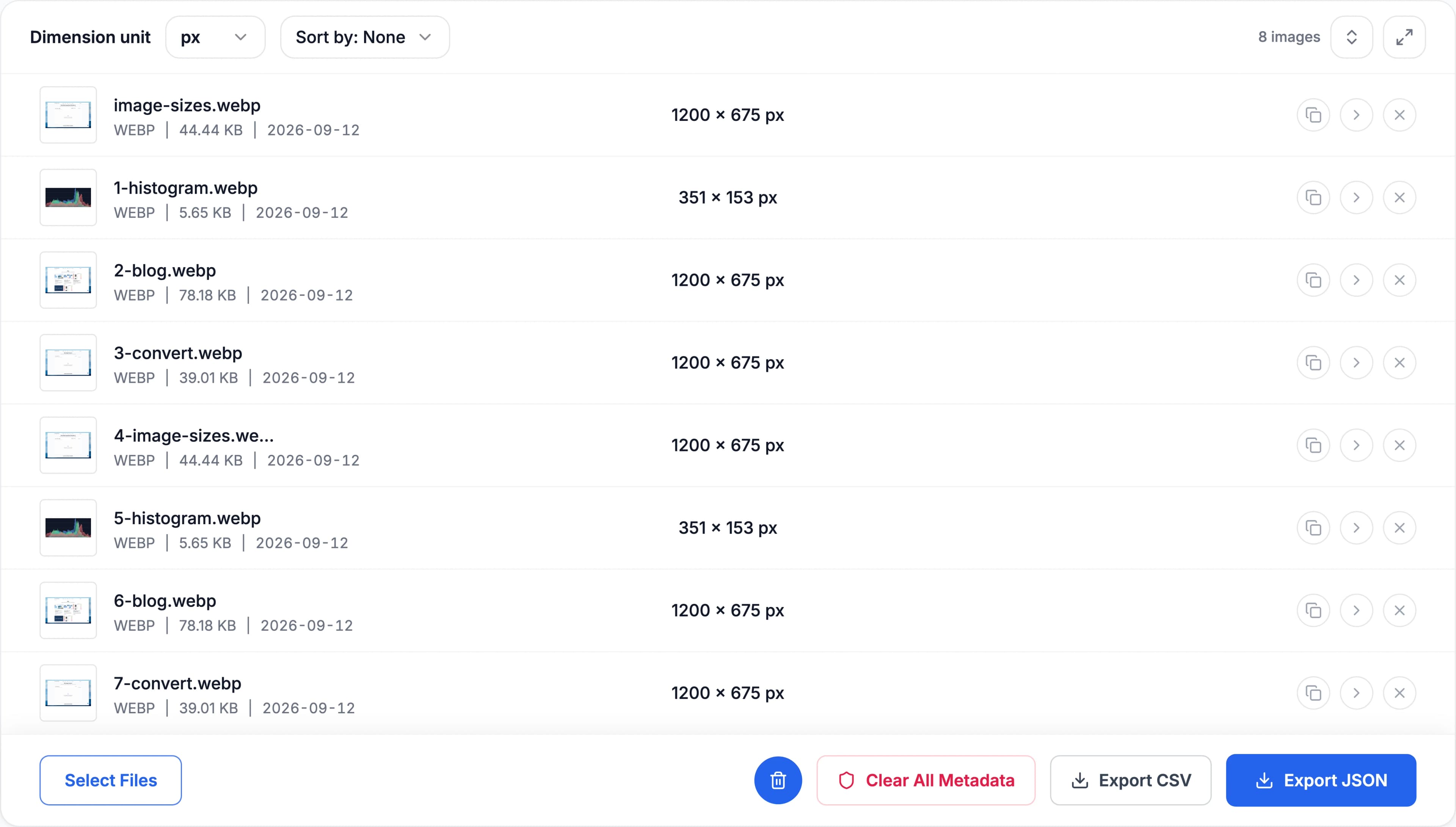 Image Size Finder listing eight images with pixel dimensions, file size and date for each