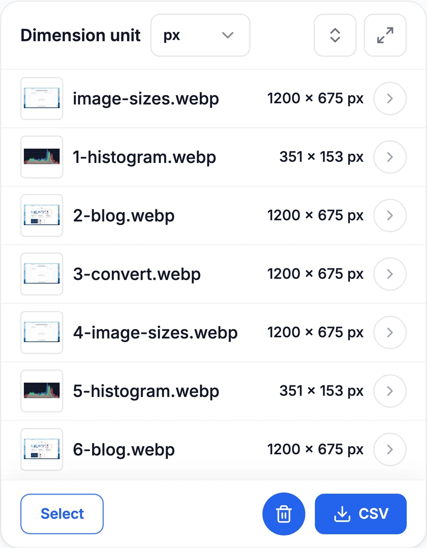 The image size finder on a 390px phone screen, one line per image