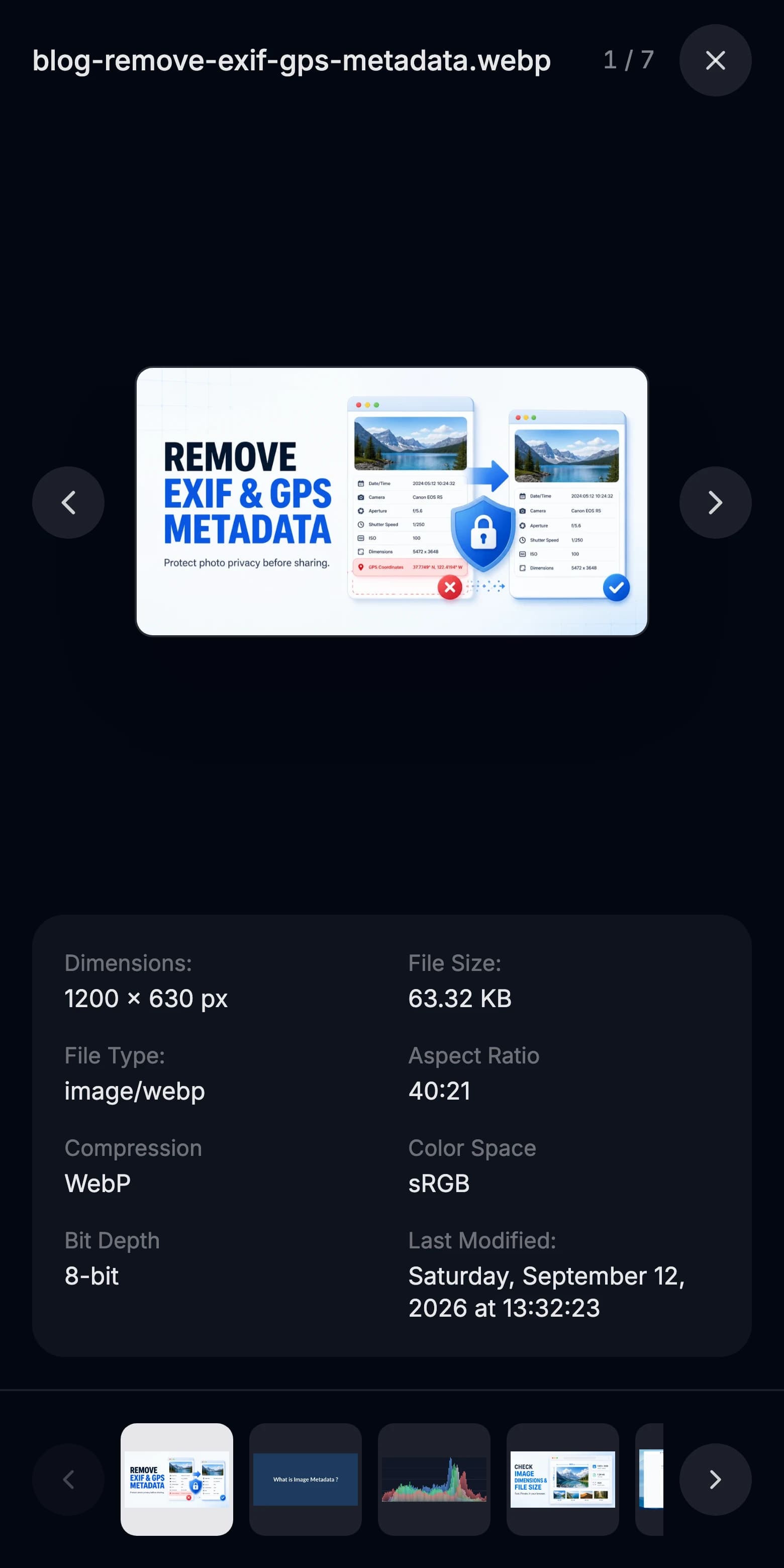 The same image viewer on a phone, with the metadata below the image