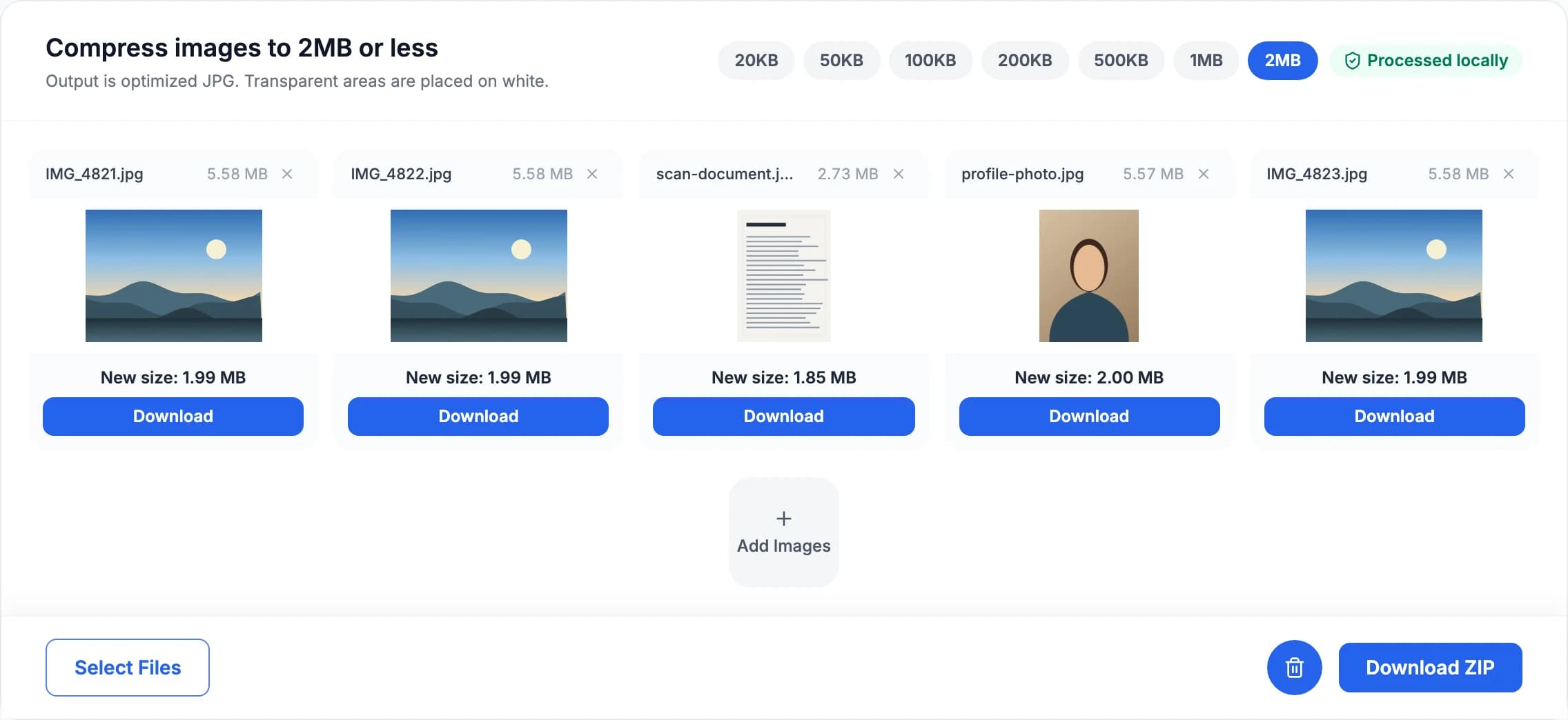 Demonstration of the in-browser batch image compressor reducing five multi-megabyte photos and scans under a 2MB target