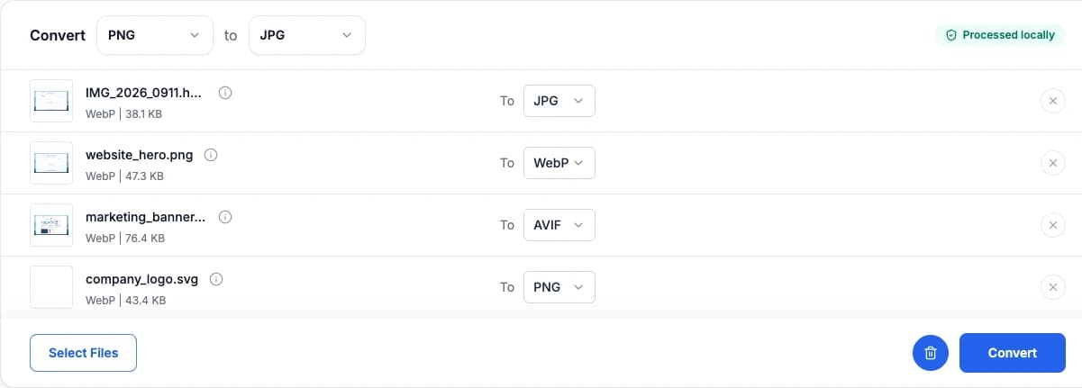 Demonstration of in-browser batch image converter converting HEIC, PNG, WebP and SVG to custom formats