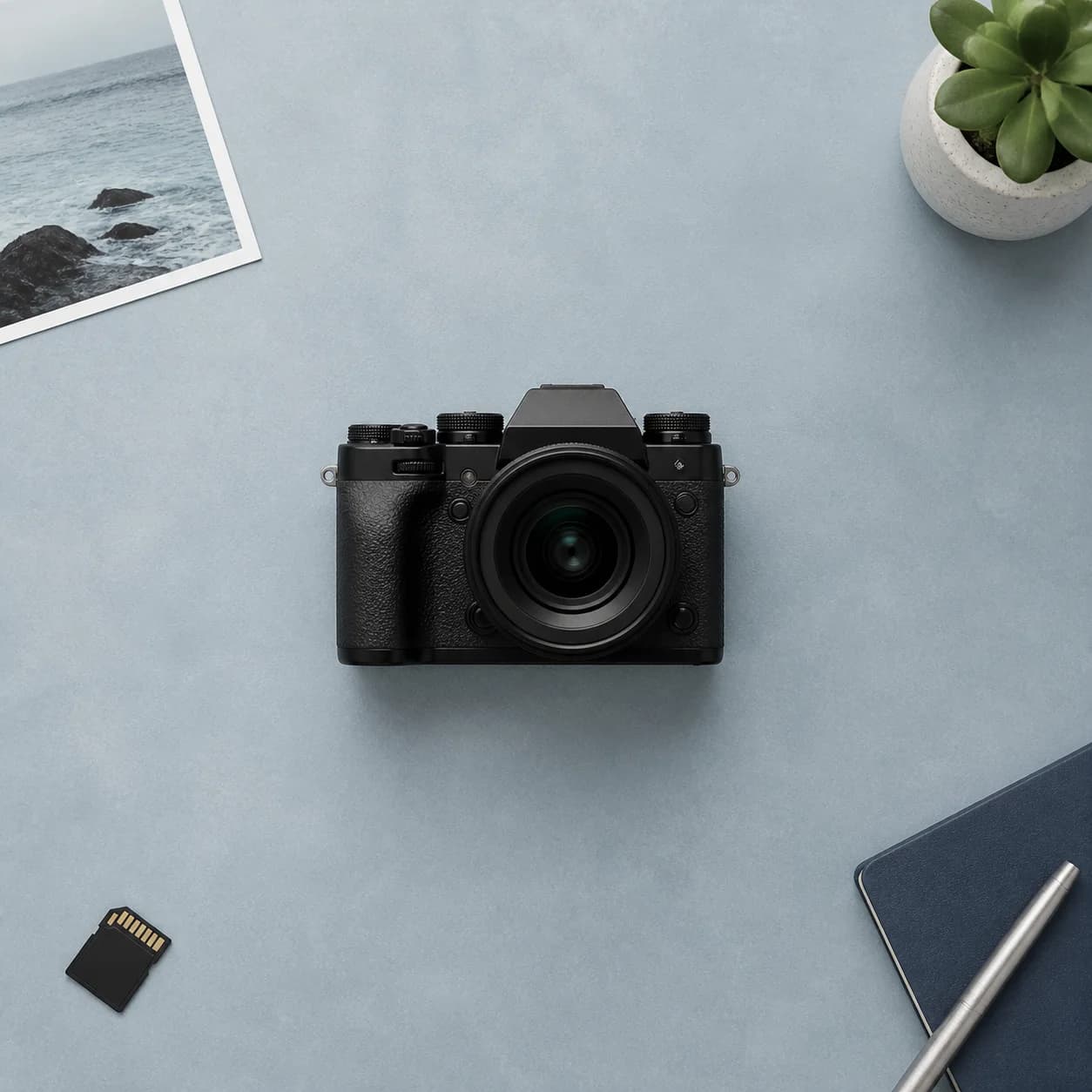 Camera on a blue-gray creative desk before cropping
